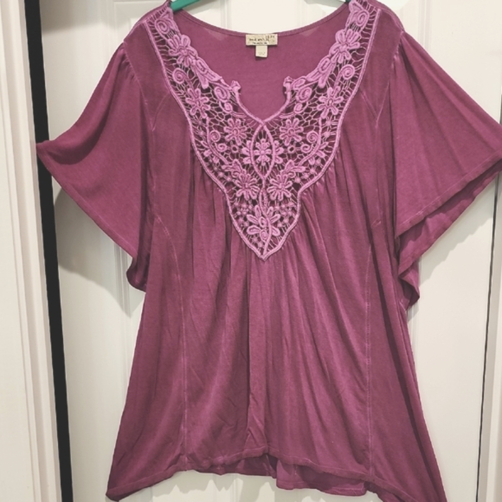 One World Women's Super Soft Purple Knit Top With Beautiful Lace Detail.